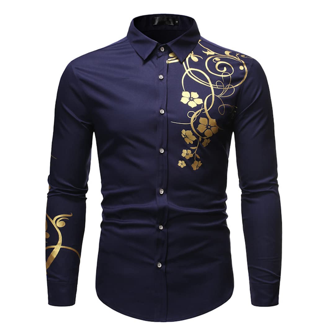Camicia di Stampa Fiore Oro per Uomo Primavera Slim Fit Manica Lunga Mens Abiti Camicie Casual Camicia Sociale Black M