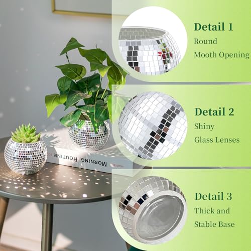 Image of Disco Ball Vases for Table Centerpieces - Hewory 6pcs Silver Mirror Glass Planters Flower Pot Containers, Bulk Disco Balls Bowl Candle Holders for Wedding Bridal Shower Birthday Events Party Decor