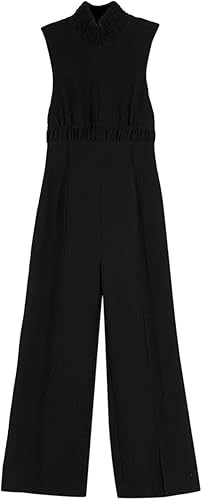 Emilia Wickstead mono sin mangas negro con cuello fruncido y piernas anchas de segunda mano