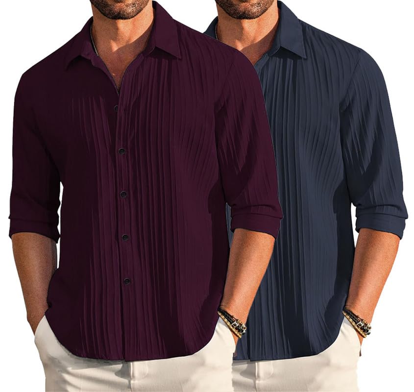 Image of DEELMO Combo of Men's Casual Button Down Shirts Long Sleeve Linen Shirt Fashion Textured Summer Shirts Pack of 2