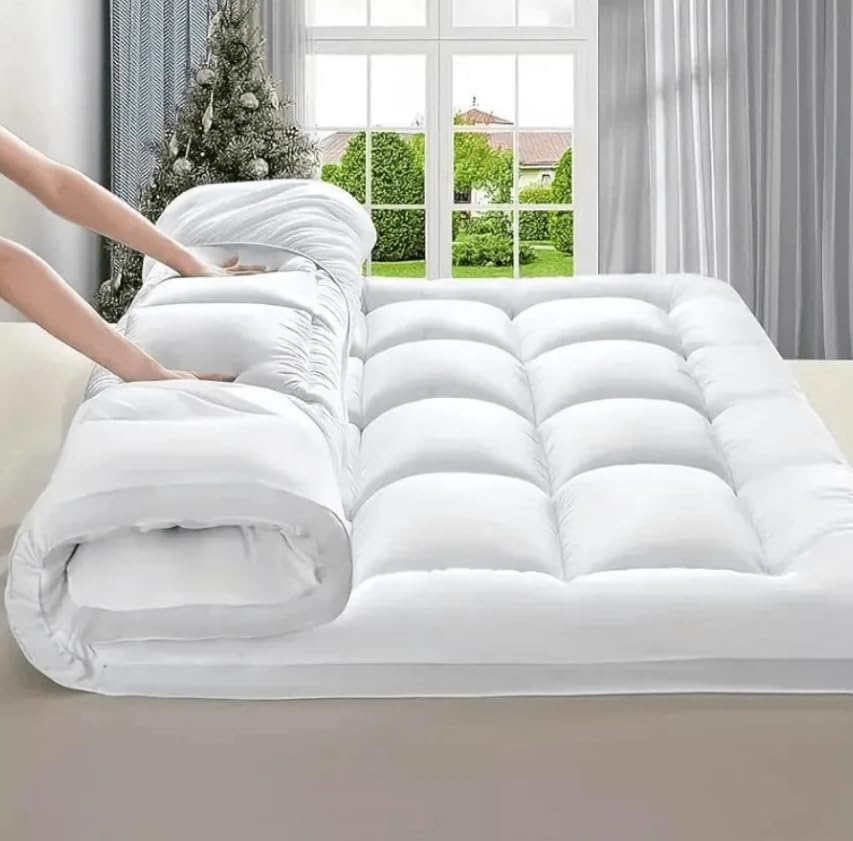 Extra Thick Mattress Topper Hypoallergenic Durable 4’’ Deep Toppers Pad Protector Microfibre Cover & Elasticated Corner Straps 10cm Deep Mattresses Bedspreads (Small Double)