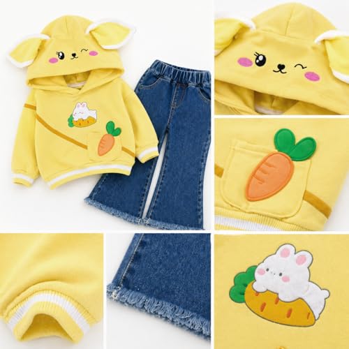 Image of Bold N Elegant Girl's Denim Solid Full Sleeve Bunny Print Sweatshirt Hoodie And Jeans With Frayed Hem