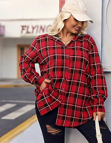 IN'VOLAND Womens Plus Size Flannel Plaid Shirt Roll Up Long Sleeve Mid-Long Button Down Shirts Casual Boyfriend Tops4