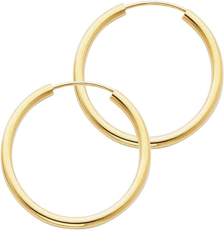 TWJC 14k REAL Yellow Gold 2mm Thickness Endless Hoop Earrings - 9 Different Size Available