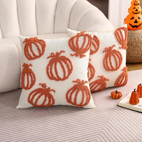 Tosleo Halloween Throw Pillow Covers 18x18 inch Set of 2 Halloween Orange Pumpkins Embroidered Pillow Cases Thanksgiving Home Party Pumpkin Fall Decor Pillowcases Square Cushion Covers
