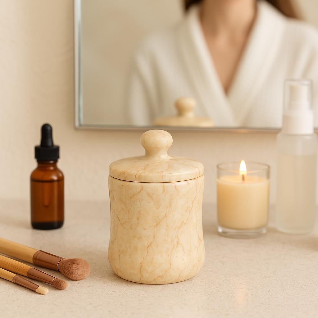 Creative Home Natural Champagne Marble Curvy Collection Cotton Ball Swab Holder Bathroom Storage Jar Container Organizer, 3.6 Diam. x 4.8 H Inch, Beige