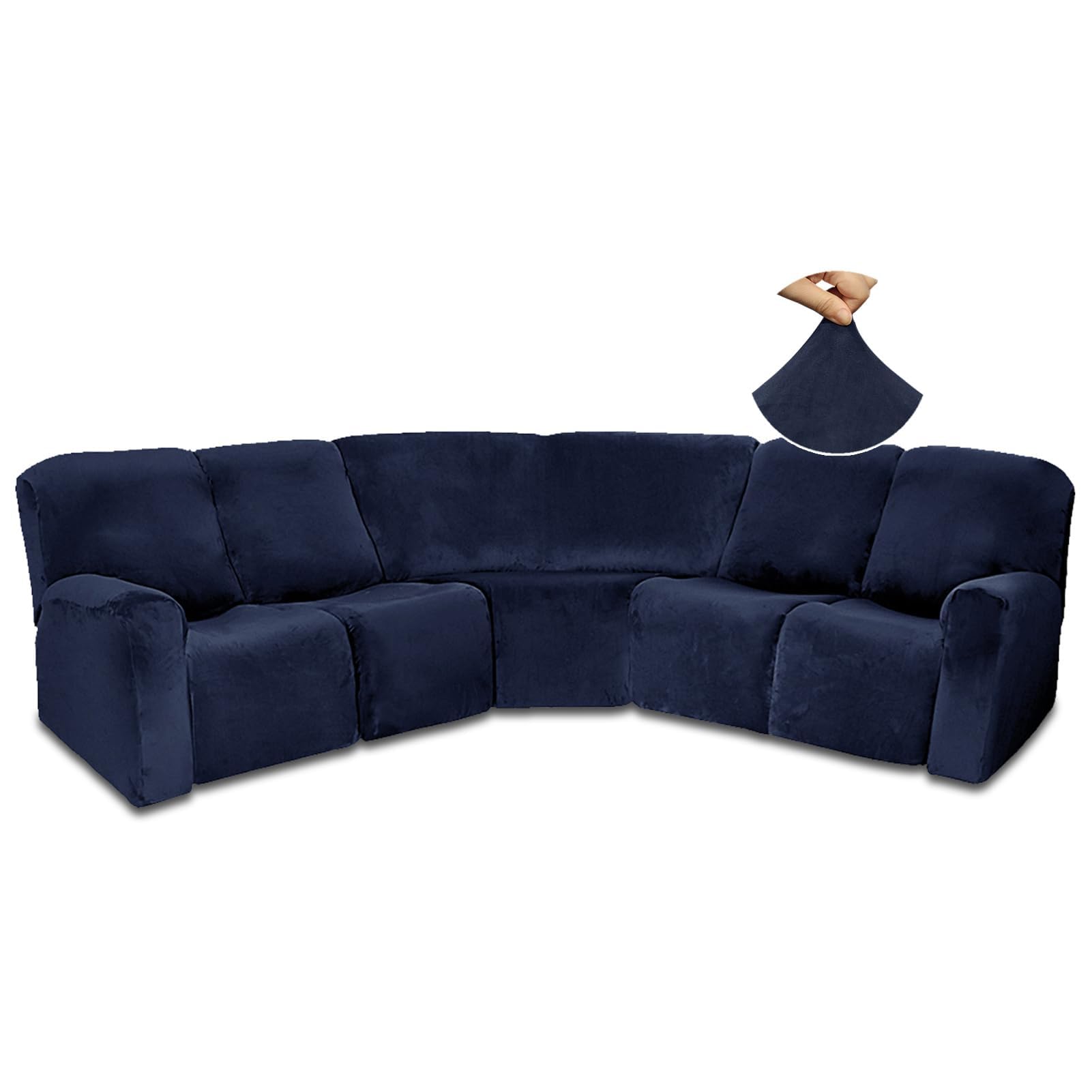 JUNLEBUYI 7-Piece L Shape Sectional Recliner Sofa Covers 4 Seater & 1 Corner Seat,Velvet Stretch Reclining Couch Cover Slipcover for Reclining L Shape 5 Seat Recliner Corner Sofa (Navy)