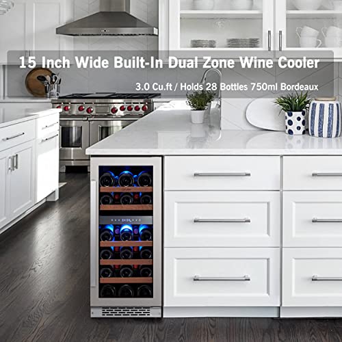 Ca'lefort 15 Inch Upgraded Wine Cooler, 28 Bottles Mini Wine Fridge Dual Zone With Fast Cooling, Professional Wine Cooler Refrigerator With 3-Color Light Fit Champagne Bottle, Freestanding And Built-In, Low Noise #TOP1