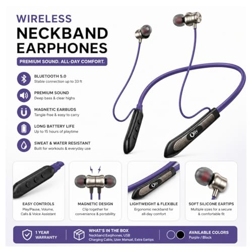 Image of Hello Wireless Bluetooth Neckband with ENC Mic, 48H Playtime, Bluetooth 5.3, 12mm Deep Bass Drivers, Type-C Fast Charging, IPX4 Sweat & Water Resistant, Magnetic Earbuds