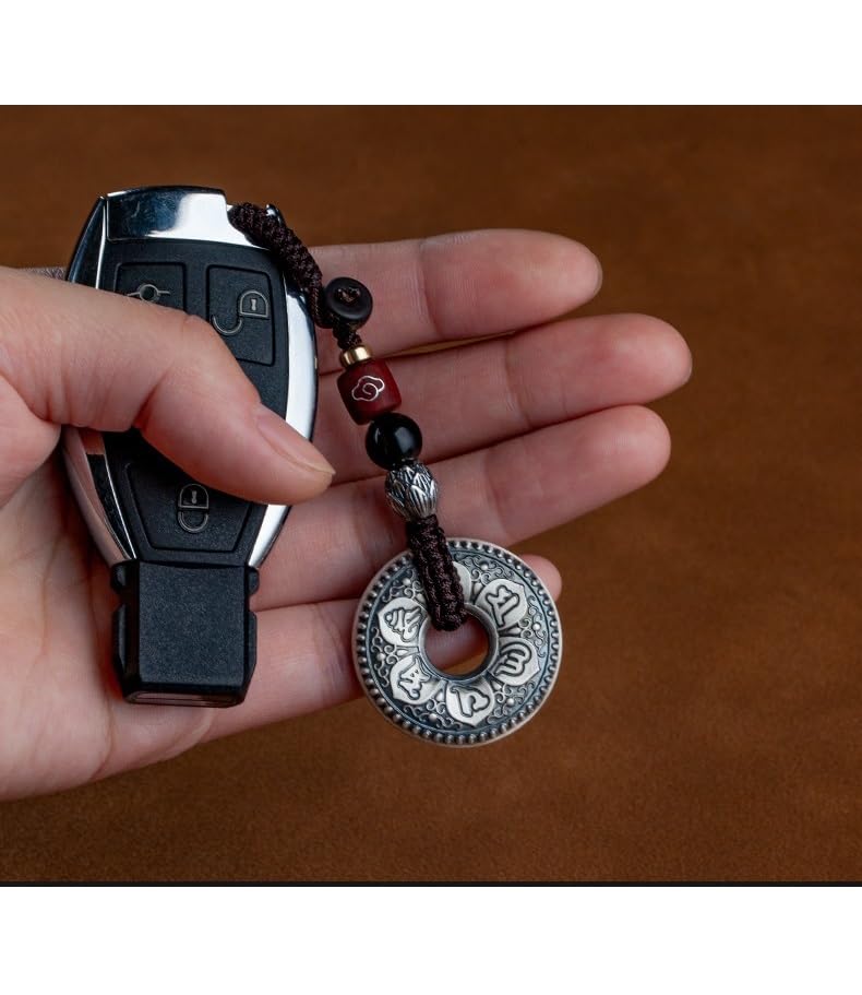 ENGENDER Llavero de Coche Llavero Colgante de Plata Maciza con Seis Palabras, Mantra, corazón, Sutra, Hebilla la Paz, Regalo, joyería, Mochila, decoración for Llaves