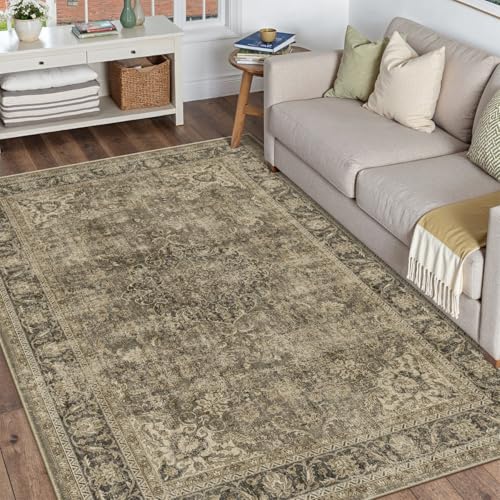 5x7 Washable Brown Vintage Area Rug for Living Room Bedroom Traditional Low Pile Soft Carpet Non-Slip Thin Retro Distressed Accent Throw Rug for Dining Room Office Dorm Kitchen Indoor