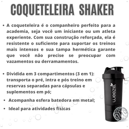 Coqueteleira Shaker Academia Compartimento Suplementos Divisórias (Preto)