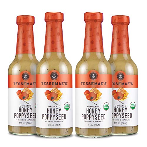 Tessemae s Organic Honey Poppyseed Dressing and Marinade, Whole30 Certified, Keto Friendly, USDA Organic, 10 fl oz. bottles (4-Pack)