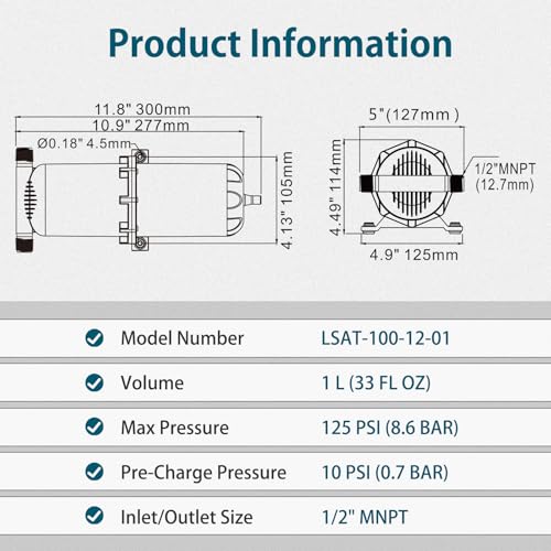Image of WASSERMANN Pre-Pressurized Accumulator Tank,33.8 oz (1 L) 125 PSI Water Pump Flow Control with Internal Bladder Reduced Pump Cycling, Suitable for RV, Boat, Travel Trailer, Caravan