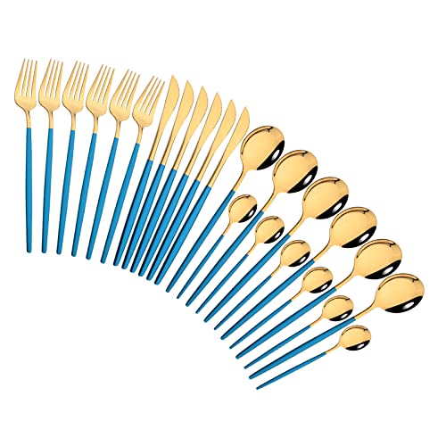 BRIIEC Flatware Silverware Set 24 Piece Stainless Steel Cutlery Set Luxury Blue and Mirror Gold,Includes Fork Spoon Knife & Teaspoon, Service for 6 - Blue & Gold