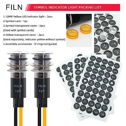 Filn 2 Pcs 12Mm(1/2'') Led Indicator Light 180 Symbols Metal Dash With Wire Suitable For Car Dashboard Marine Truck Machinery Industrial Electrical Equipment (Brass Nickel Plated, [Yellow]/ 2 Pcs) #TOP1