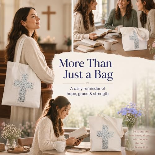 Image of Christian Tote Bag Gift for Women, Canvas Bible Bag Handmade Floral Cross | Christian faith-inspired gift, handcrafted cross with lace, inner pocket, snap closure, bottom gusset, church Bible study use