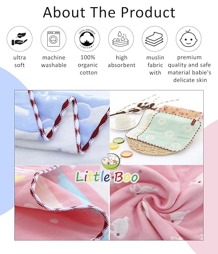 Image of Little Boo Muslin 6 Layer Cotton Face Towels for Newborn Baby Extra Soft Hankies Reusable Napkins for Infants Toddlers /Kids (Pack of 5). Multicolor
