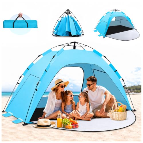 WARMTUYO Quick Up Strandmuschel, 3 Sekunde Automatisches Pop Up Strandzelt für Familie, Kein Aufbau Nötig, UV-Schutz 50+, mit 3 Erweiterbarer Veranda, Windschutz für Strand, Garten, Camping-Blau
