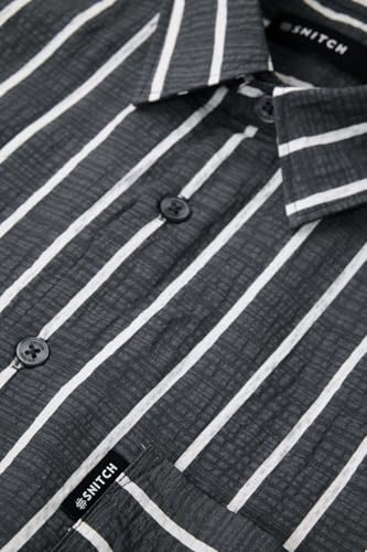 Image of SNITCH Men Casual Plus Size Shirt | Regular Fit Full Sleeve Mandarin Collar Striped Design | Premium Cotton Linen Blend & Breathable Fabric for Office & Everyday Wear