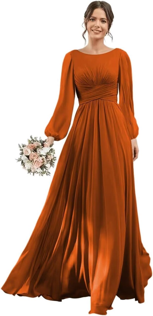 RSOETOO Chiffon Bridesmaid Dress Long with Slit Long Sleeve Formal Wedding Guest Dresses with Pockets RON014 - Image 6