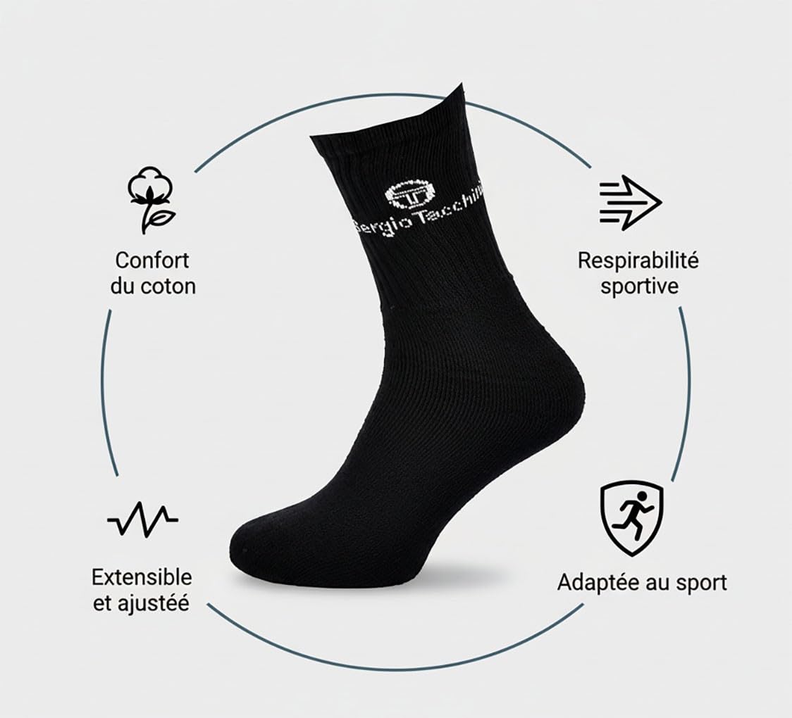 Ozabi Chaussettes SPORT SERGIO TACCHINI - Pack de 20 Paires + 1 GRATUIT - Mi-Mollet (Crew) – Confort, Respirabilité et Style – Tailles 39/42 et 43/46 – Blanc, Noir ou Assorti