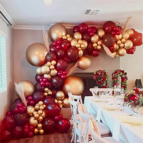 Image of PartyWoo Red Pink and Gold Balloons, 140 pcs Ruby Red Pink and Chrome Gold Balloons Different Sizes Pack of 18 Inch 12 Inch 10 Inch 5 Inch for Balloon Garland or Arch as Birthday Party Decorations
