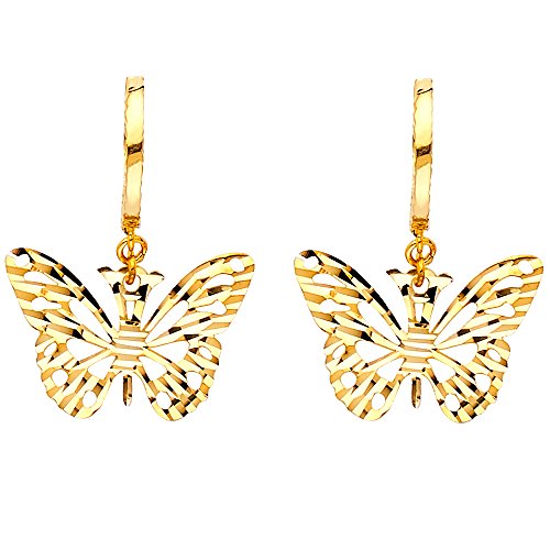 14k REAL Yellow Gold Butterfly Fancy Drop Earrings