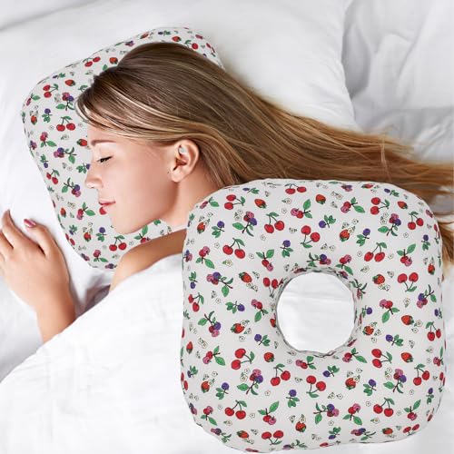 Image of Ear Piercing Pillow for Side Sleepers, Ear Hole Pillow for CNH and Ear Pain, Ear Inflammation, Pressure Sores, O Shape Side Sleeper Pillow, Ear Protection Pillow (White Cherry)