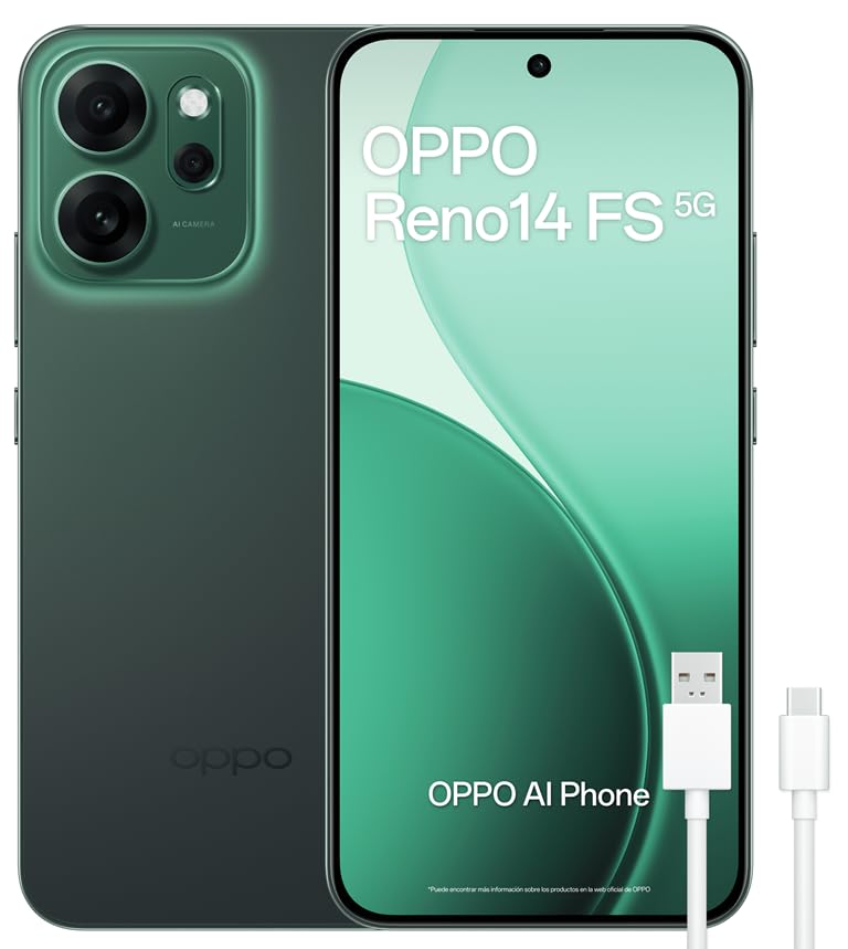 OPPO Reno14 FS 5G – Smartphone Libre con IA, 12GB RAM + 512GB, Cámara Triple 50MP, Batería 6000mAh, Carga Rápida 45W, Pantalla AMOLED 120Hz, IP69, Dual SIM, Android, Versión Española - Verde