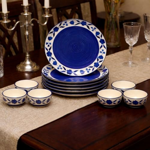 Image of Freakway Hand-Painted Floral Ceramic Dinner Set of 12 Pcs | 6 Ceramic Dinner Plate and 6 Bowl /katori | Bone Ash Free | Microwave and Dishwasher Safe - Blue