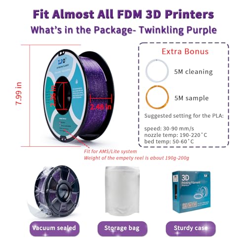Image of ZIRO PLA Filament 1.75mm, Shiny Sparkle Glitter with Transluent Base, Twinkling PLA Series 3D Printer Filament, Colorful Printing Material,1kg /2.2lbs Spool, Fit Most FDM Printers, Twinkling Purple