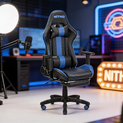 Image of NiTHO ACE Gaming Chair with Foldable Footrest | Ergonomic Reclining Computer Desk Chair with Head & Lumbar Pillows, Adjustable Armrests, 135 Tilt, Swivel Office Chair for Gaming or Home Office, Blue