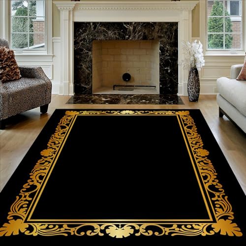 Traditional Black Gold Floral Border Rug 3x5 Greek Key Pattern