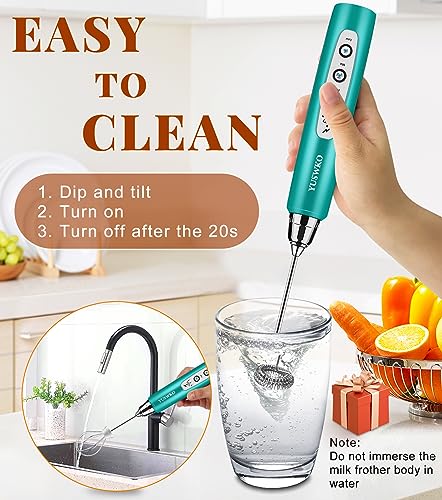 Image of YUSWKO Handheld Milk Frother Wand for Coffee, Rechargeable Electric Whisk with 3 Heads 3 Speeds Drink Mixer Coffee Frother For Latte, Cappuccino, Hot Chocolate, Egg, Turquoise