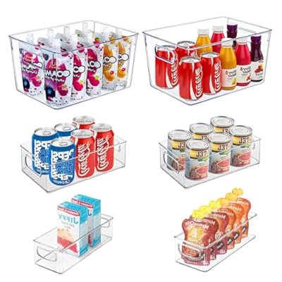 Stackable Refrigerator Organizer Large Bins, 6 Pack (3 Different Size) Clear Kitchen Organizer Container Bins with Handles for Pantry, Cabinets, Shelves, Drawer, Freezer, Fridge - Food Safe, BPA Free