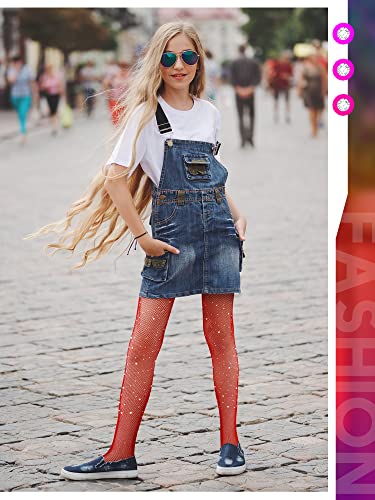 Geyoga 3 Pcs Girls Glitter Fishnet Tights Kids Bling Mesh Stockings Sparkle Rhinestone Hollow Out Pantyhose (Rose, Red, Blue, Medium, 125-160 Cm) #TOP4