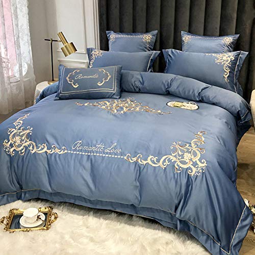 Geekcook Literie,Style européen Couleur Unie brodé Housse de Couette en Soie draps en Coton Quatre pièces Ensemble 1,8 m literie en Coton-Bleu_【Lit Quatre pièces】 _1,8 m (6 Pieds)