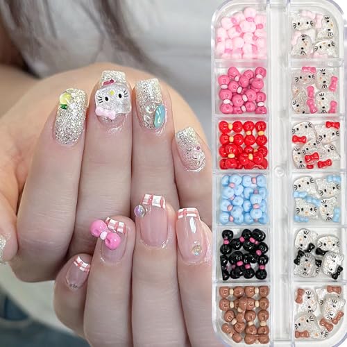 12Gird Cute 3D Nail Art Charms Set Shiny Cute Nail Rhinestones Cartoon Cat Designs Cute Cat Bow Nail Art Jewelry Resin Bow Nail Charms for Acrylic Nails Accessories Manicure DIY Crafts