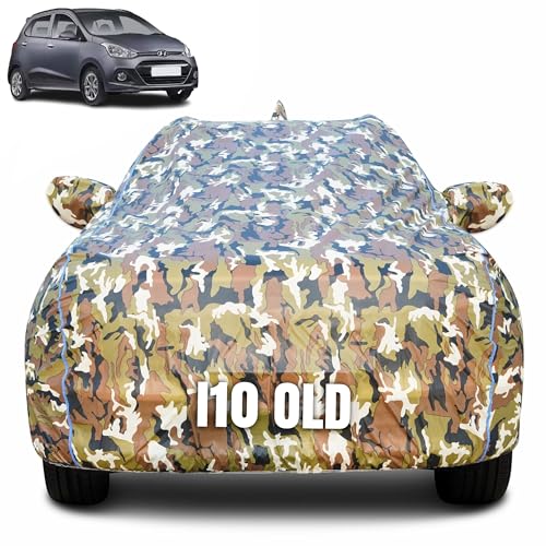 Image of 100% Waterproof Car Body Cover for Hyundai i10 Old with Mirror Pocket (Heat & UV Resistant, Triple Stitched, Soft Lining, Bottom Elastic & Piping) Camouflage, Military Print