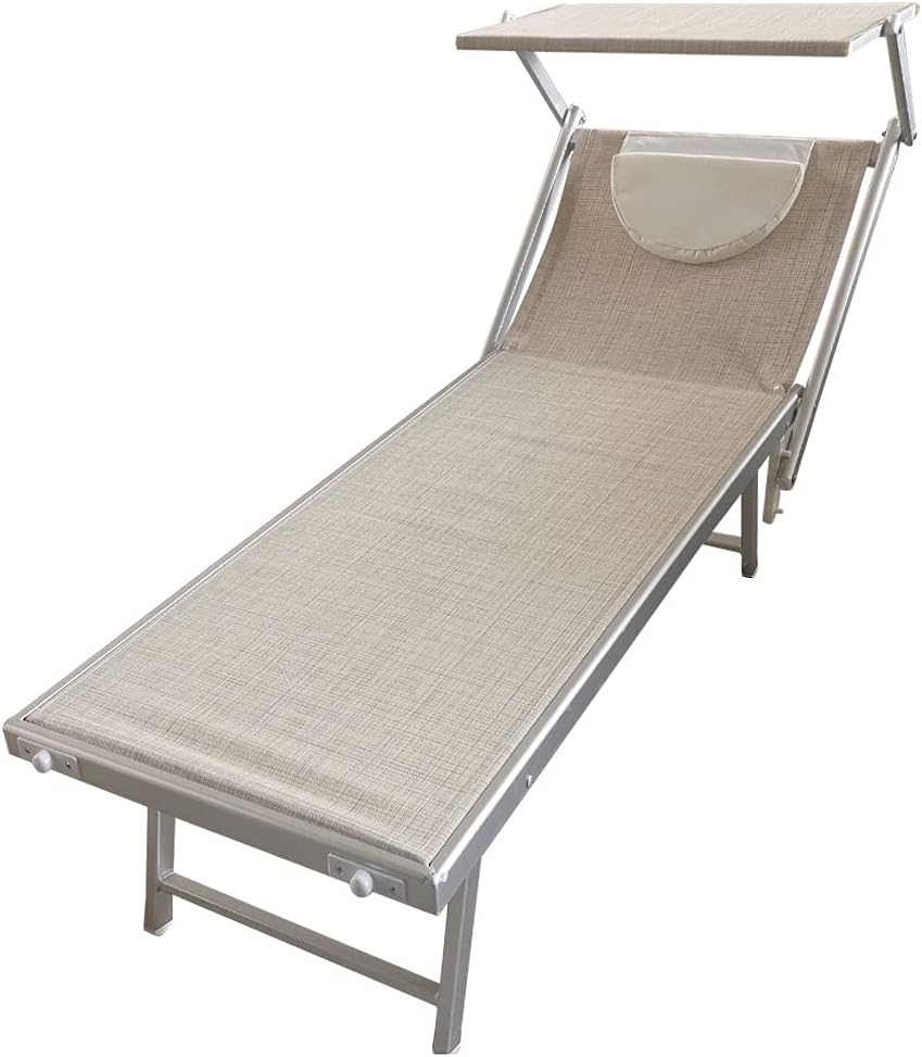 BAKAJI Lettino Prendisole Pieghevole da Mare con Tettuccio Parasole e Cuscino Poggiatesta Sdraio Stabilimento Piscina Spiaggia Professionale in Alluminio e Textilene 189 x 61 x 38 cm (Beige Melange)