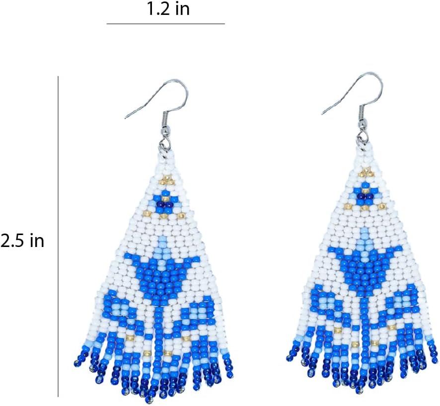 Floral Seed Bead Fringe Earrings for Women – Chinoiserie Blue & White Classy Boho Beaded Dangle Earrings – Handmade by Embera Bead Project – Lightweight, Hypoallergenic