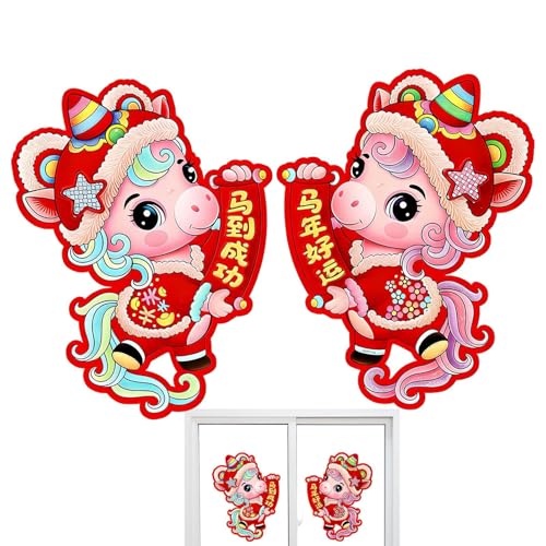 Chino Año Nuevo Horse Stickers - 2 piezas Horse Window Decal,3D Flocking Chinese New Year Door Stickers | para Wall Festival Party Closet Living Room Bedroom Entryway Store