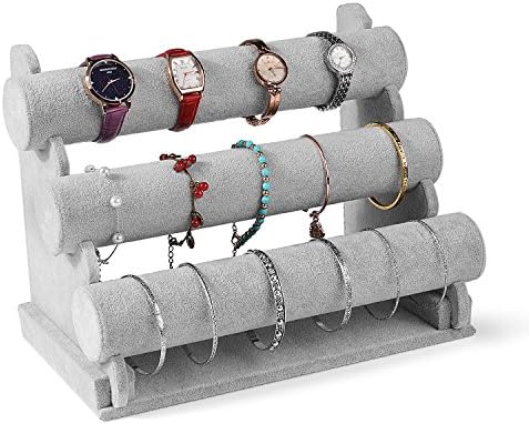 Flexzion Gray Velvet Hovering 3 Tier T-bar Jewelry Stand Display Storage Store Rack - Removable Necklace Bracelet Earring Bangle Pendants Anklet Tower Watch Key Holder Organizer for Women Men Girl