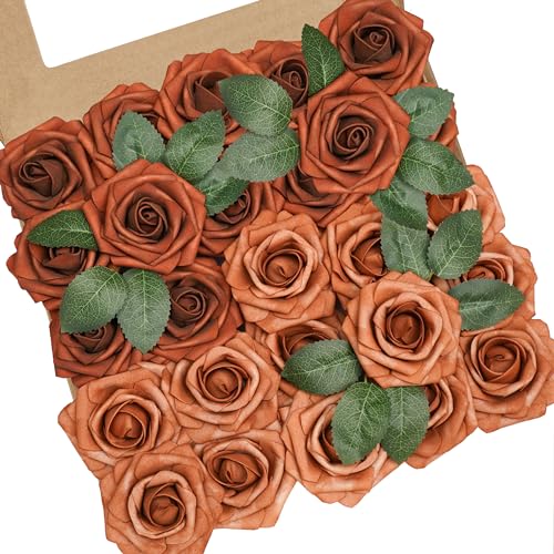 YEEFLORA Artificial Flowers, 25pcs Artificial Rose for DIY Wedding Bouquets Centerpieces Arrangements, Shades of Terracotta Foam Roses with Stem for Bridal Shower Party Home Decorations