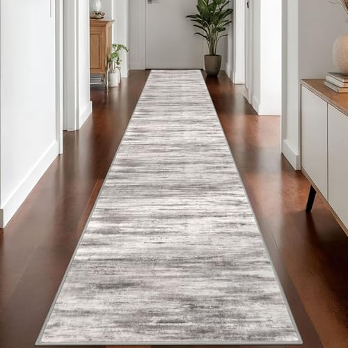 KOZYFLY Modern Abstract Washable Rug Runner 2.6x16 Hallway Rug Runner Non-Slip Soft Kitchen Runner Rugs, Grey/Light Beige/Brown Striped Carpet for Stair Entryway Bathroom