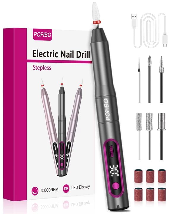 POFIBO Torno para Uñas Profesional - Lima Uñas Eléctrica 30000 RPM con Pantalla LCD,Torno Uñas con Velocidad Ajustable para Gel y Acrílicas,Ideal para Manicura y Pedicura(grisáceo)