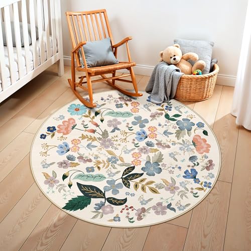 Washable Floral Round Rugs for Bedroom - 4x4 Feet Circle Area Rugs for Living Room Nursery Non-Slip Stain Resistant Ultra Soft Carpet for Teen Girls and Boys Dorms Home Decor Aesthetic(4ft,Cream)
