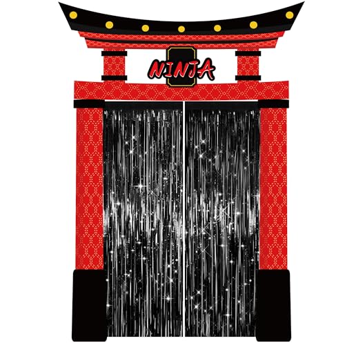 Bafeil 3 Pcs Ninja Birthday Party Porch Banner with Fringe Backdrop Curtains Warrior Theme Party Decorations Ninja Door Hanging Banner Party Supplies for Karate Master Birthday Photo Booth Props