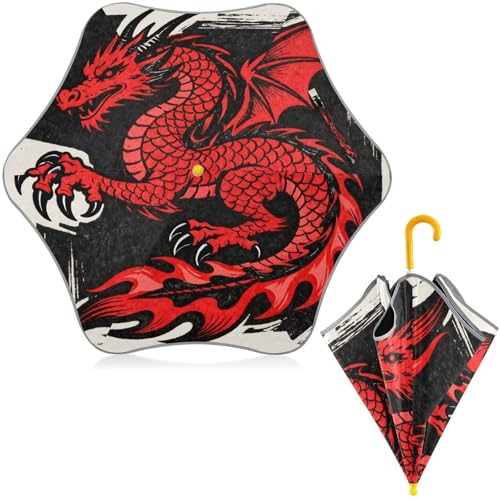 miaozhen Fashion Chinese Dragon Black and Red Umbrellas for kids age 3-8 Rain & Windproof Umbrella with Reflective Strip Pinch-Proof for outdoor Paraguas para ni?os peque?os